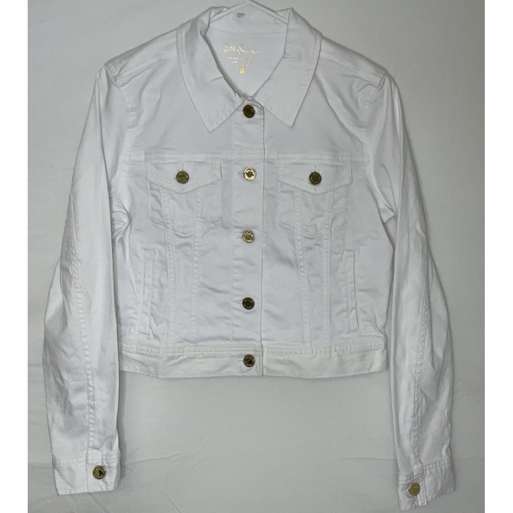 Women's Lilly Pulitzer SeaSpray Denim Jacket Cropped White w/ Gold - Small